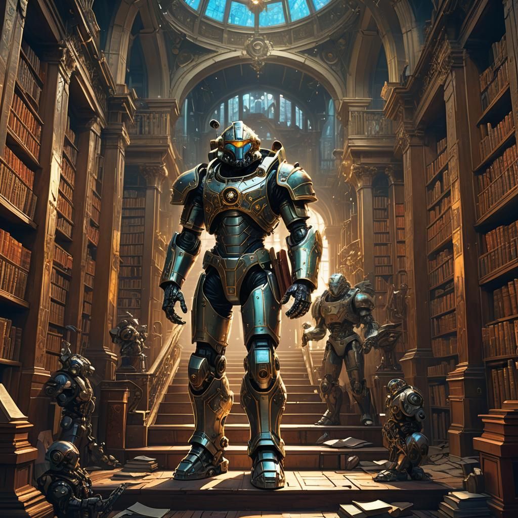 Hugo in Power Armor, Digital Art Inspired by Mucha