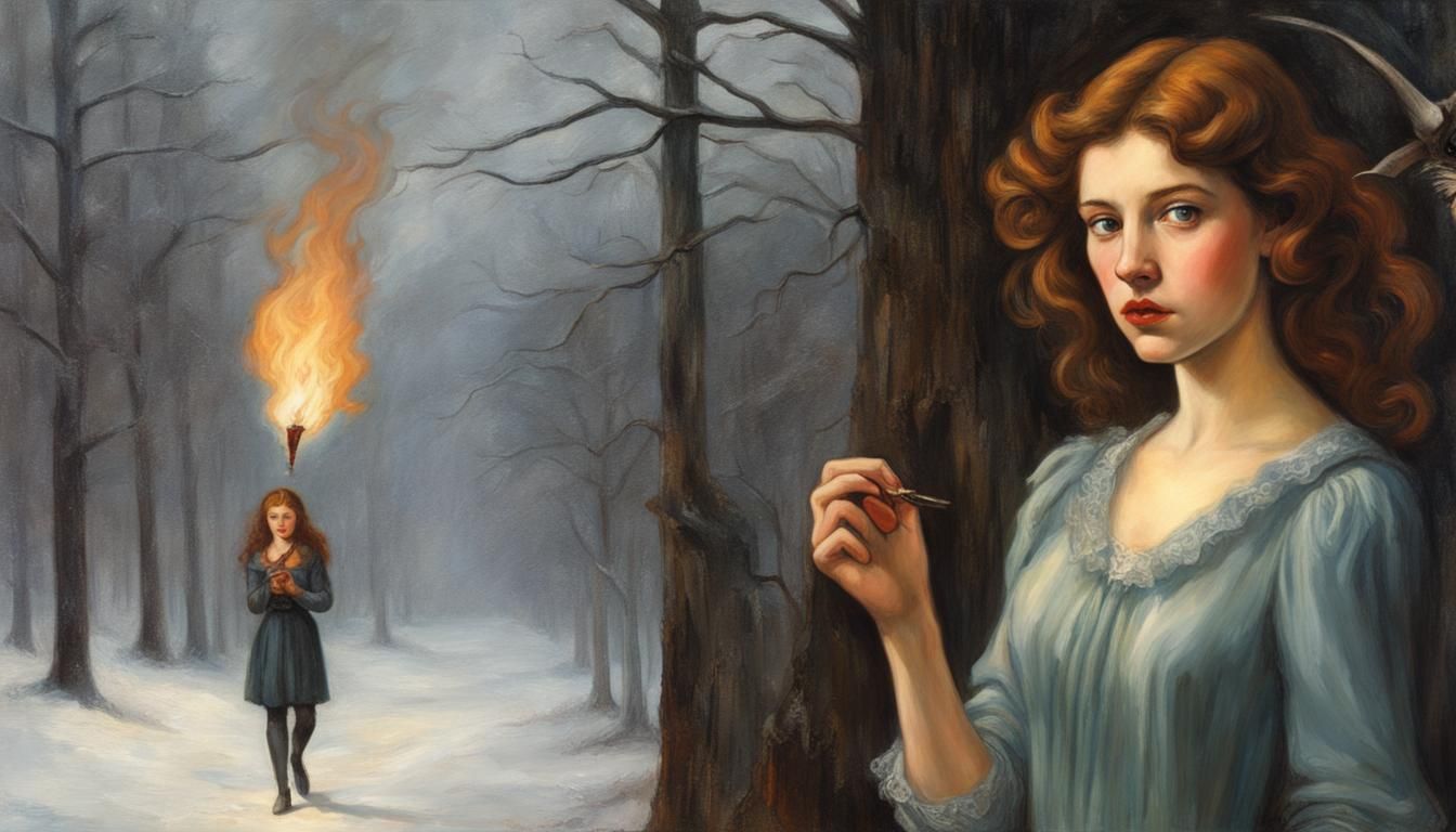 Nancy Drew Kisses a Burning Heart in Pre-Raphaelite Style