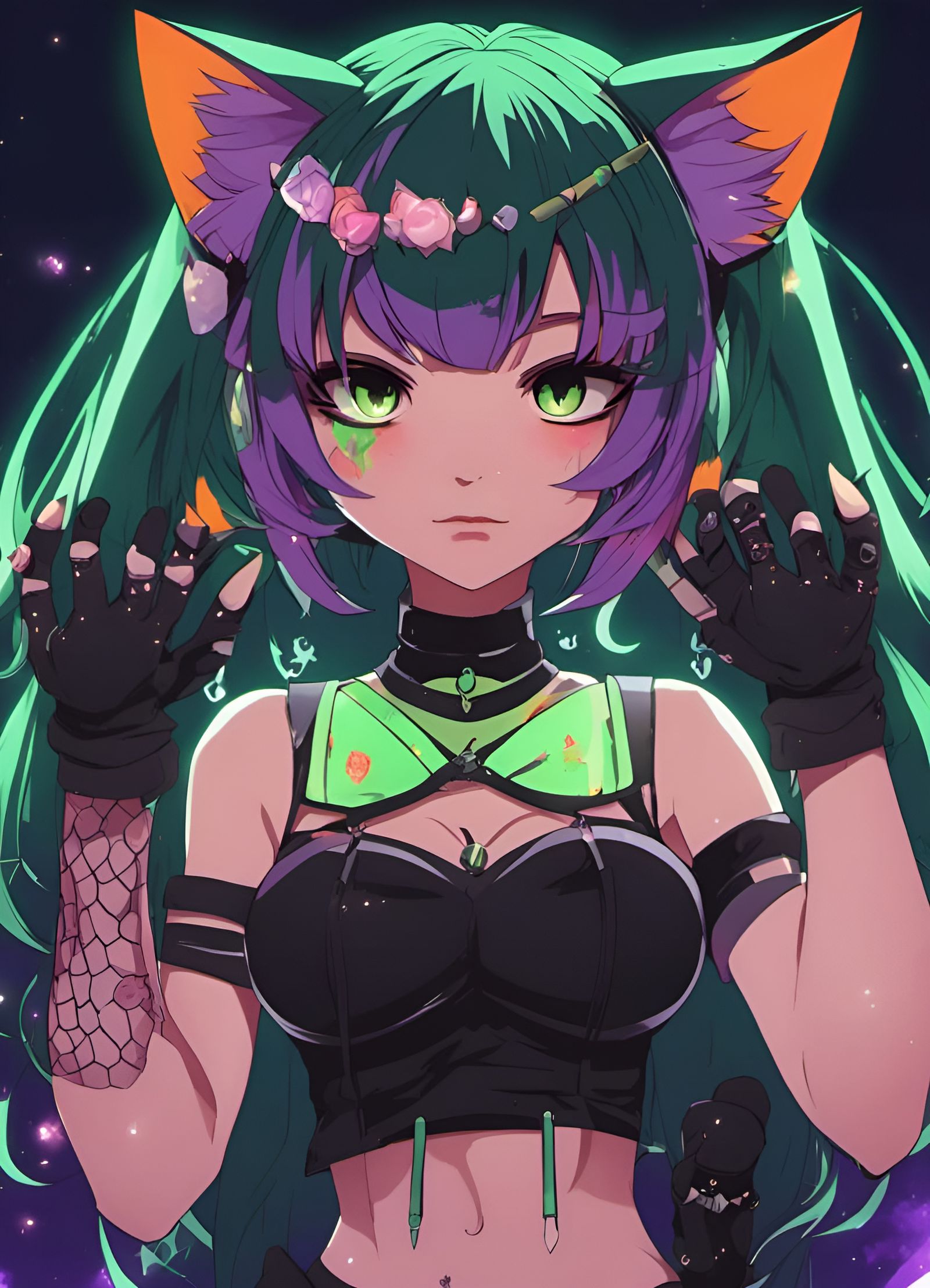 Anime Cat Girl Punk Princess in Neon Colors