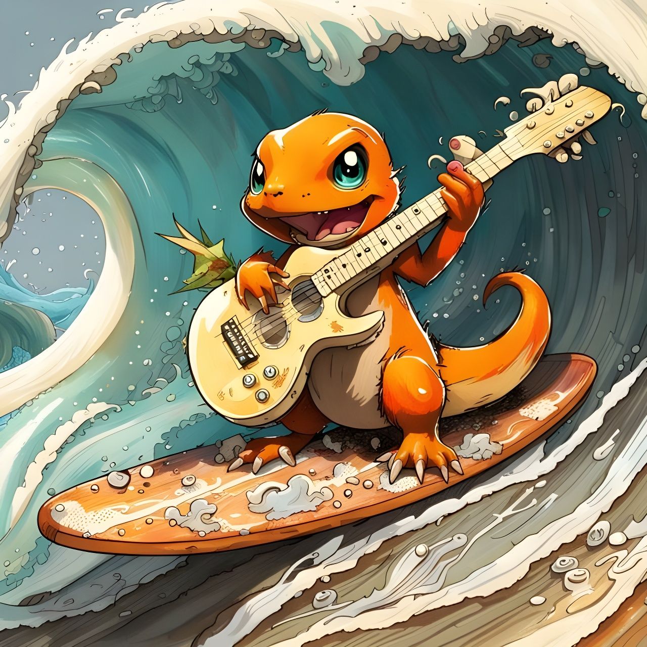 Charmander Surfing a Wave Playing Guitar