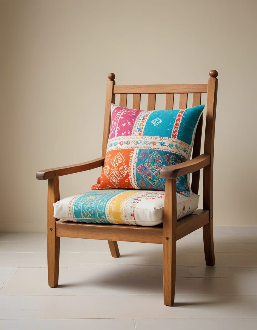 Rustic Wooden Chair with Vibrant Cushion