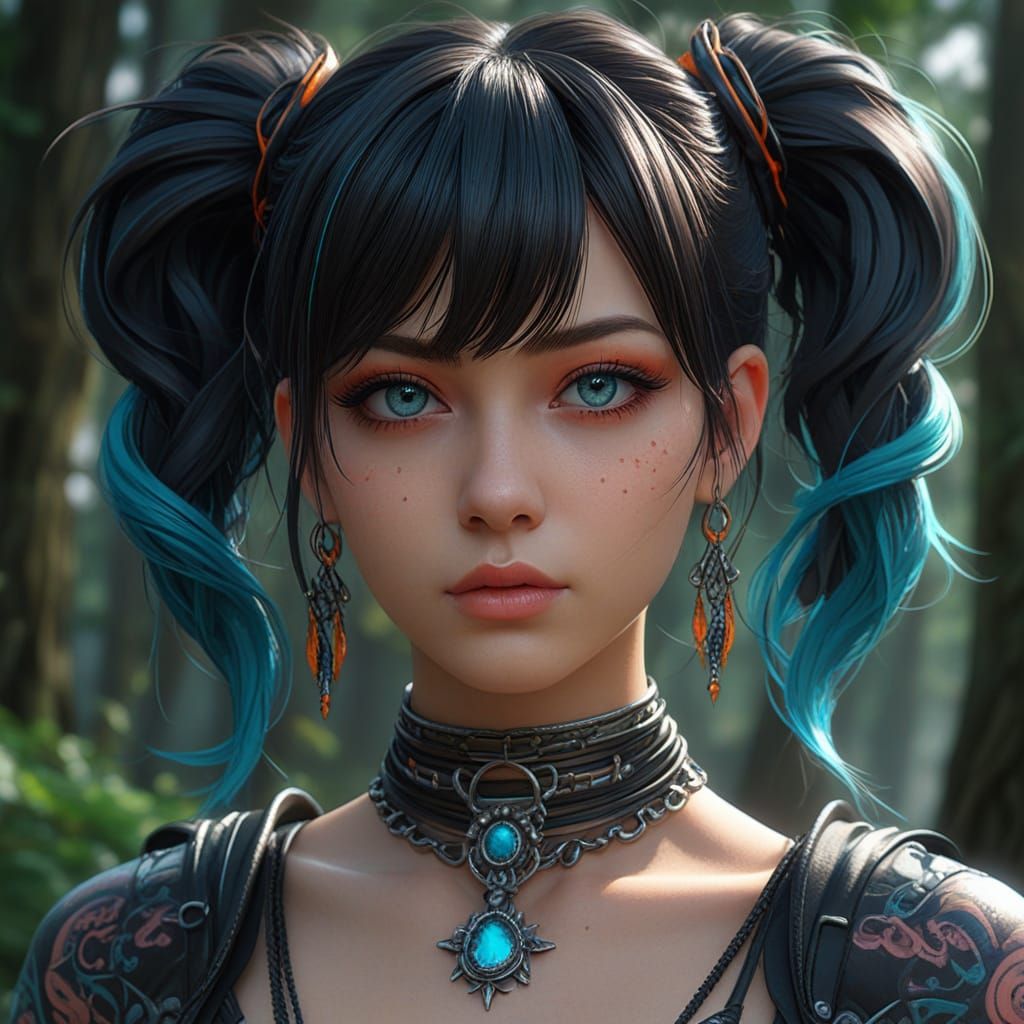 Highly detailed digital illustration, "gothic punk" anime gi...