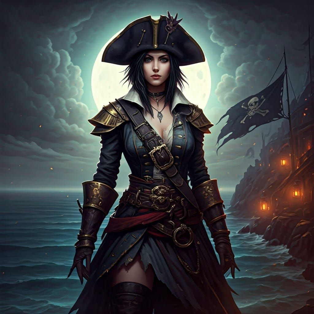 Pirate Woman on Cliff in Fantasy Concept Art Style