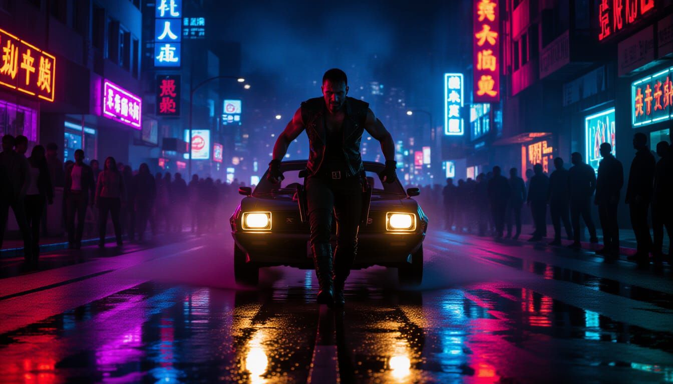 Lone Figure Pursues Through Chaotic City Night