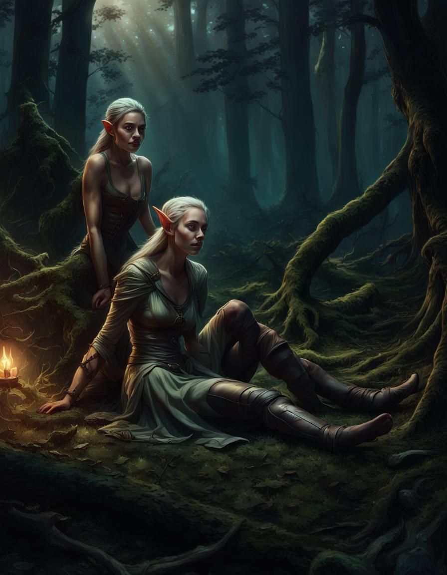 Elf Woman and Wounded Man in Forest, Fantasy Art