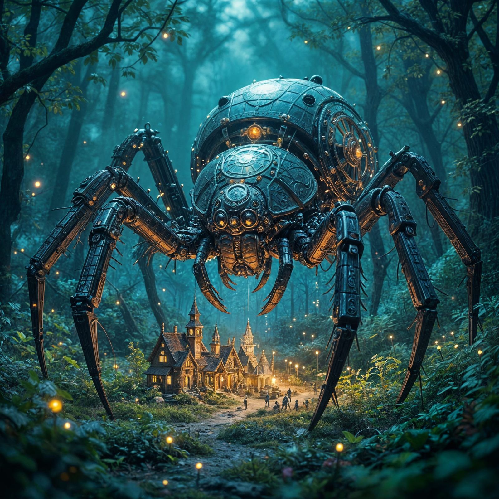 Cyberpunk Arachnid Crafts Village in Ethereal Forest