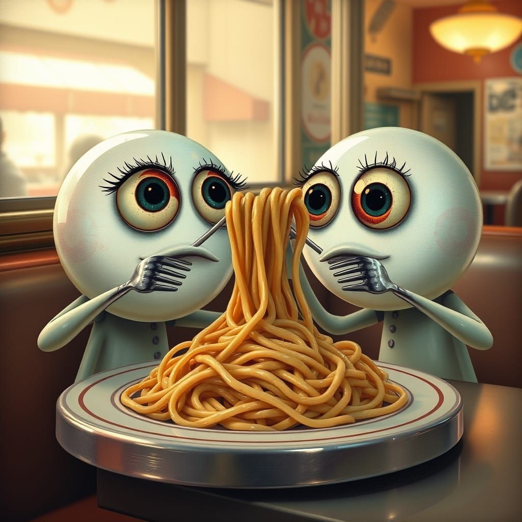 Whimsical Eyeballs Savor Spaghetti at Retro Diner