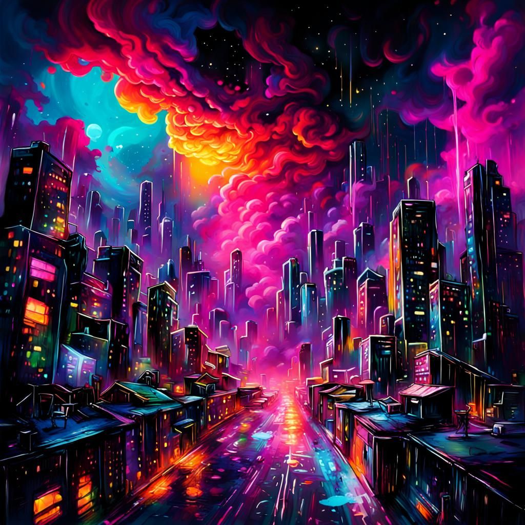 Neon Cityscape with Nebula in Graffiti Art Style
