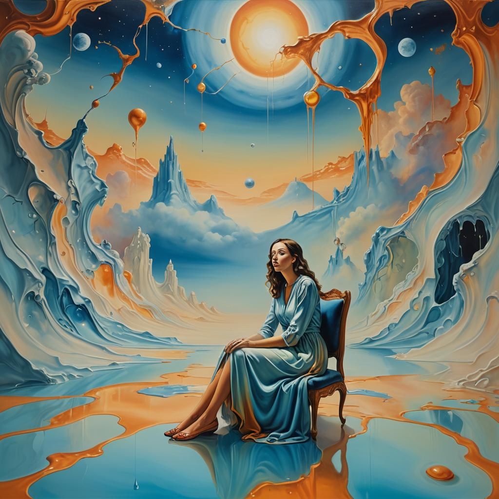 Surreal Woman in Dreamlike Space: Dali-Inspired Oil Painting