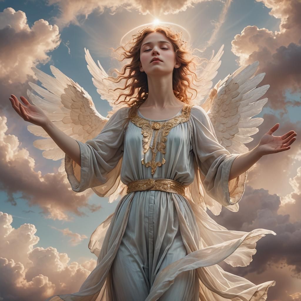 Serene Androgynous Angel on Cloud in Pre-Raphaelite Style