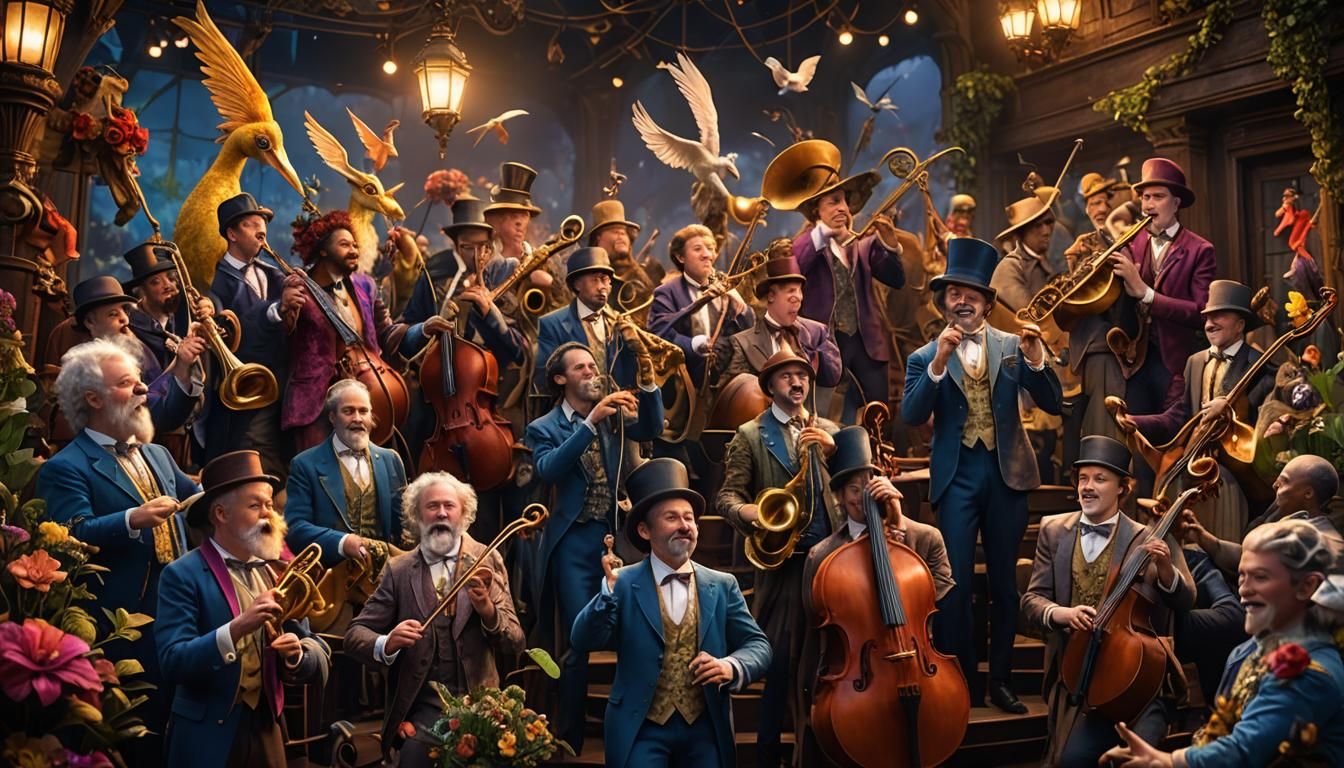 Mythical Ragtime Band in a Photorealistic Gouache Painting