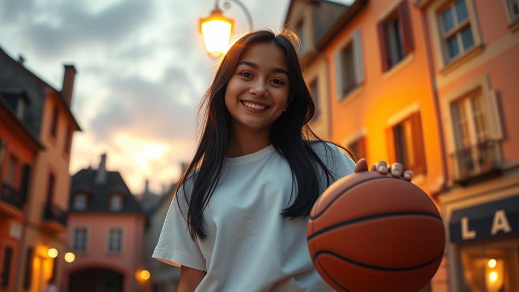 Teenage Girl With Basketball in Cinematic Photorealistic Sty...