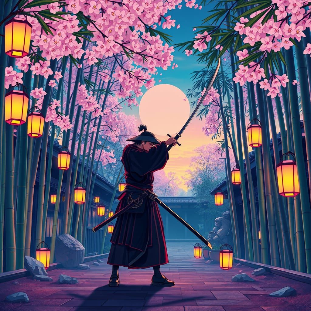 Samurai in Kyoto Bamboo Garden, Graffiti Art Style