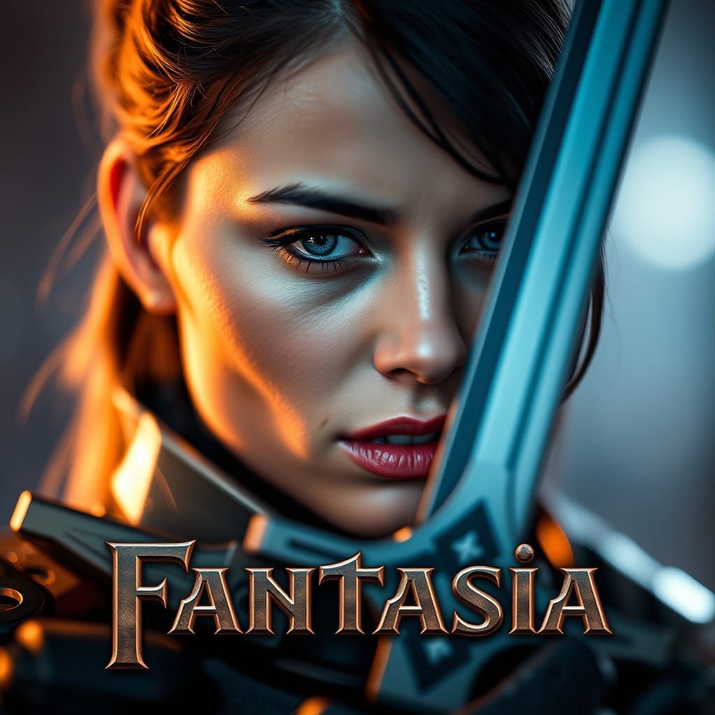 Futuristic Armored Woman with Sword in Cyberpunk Style