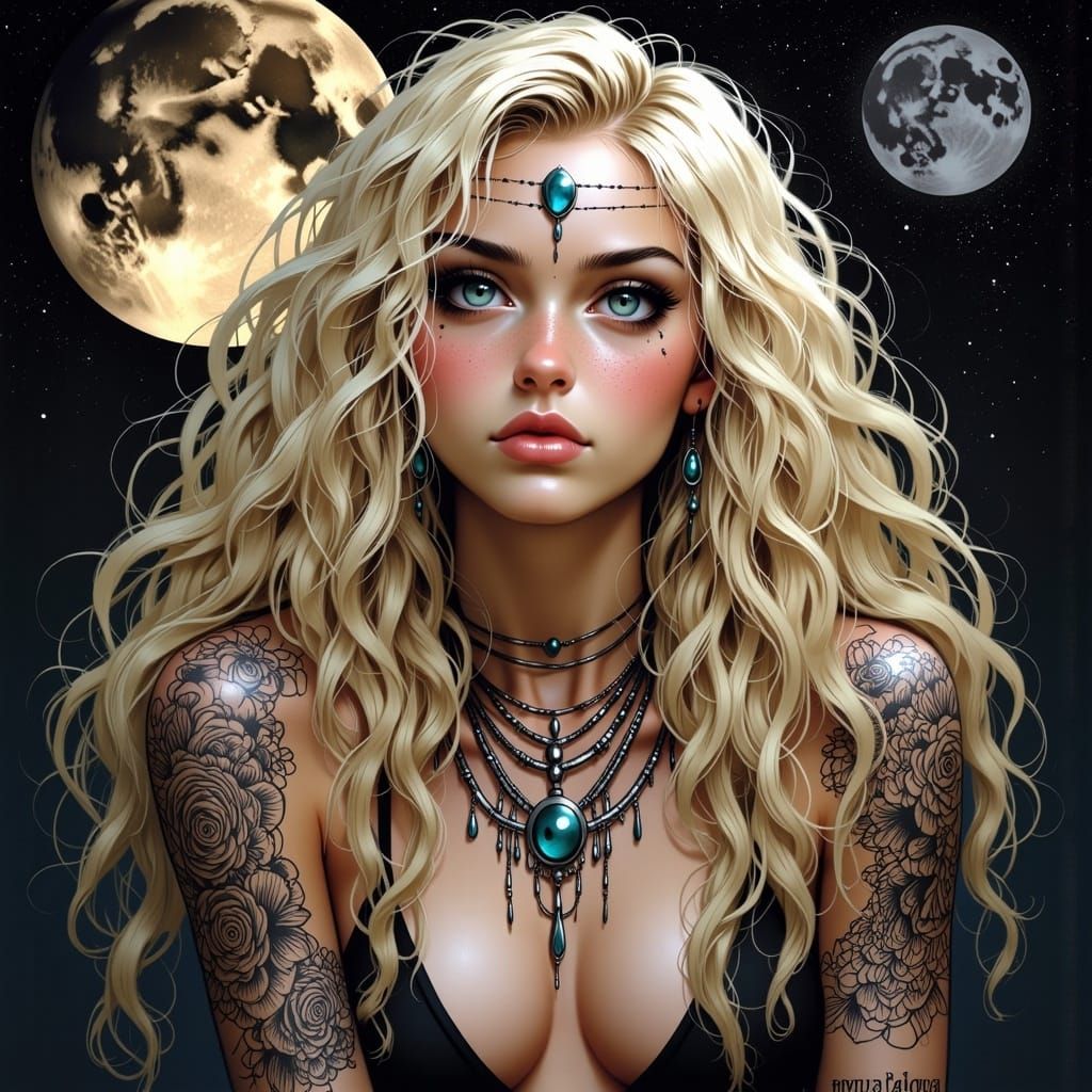 Blonde Goddess Portrait with Moonscape