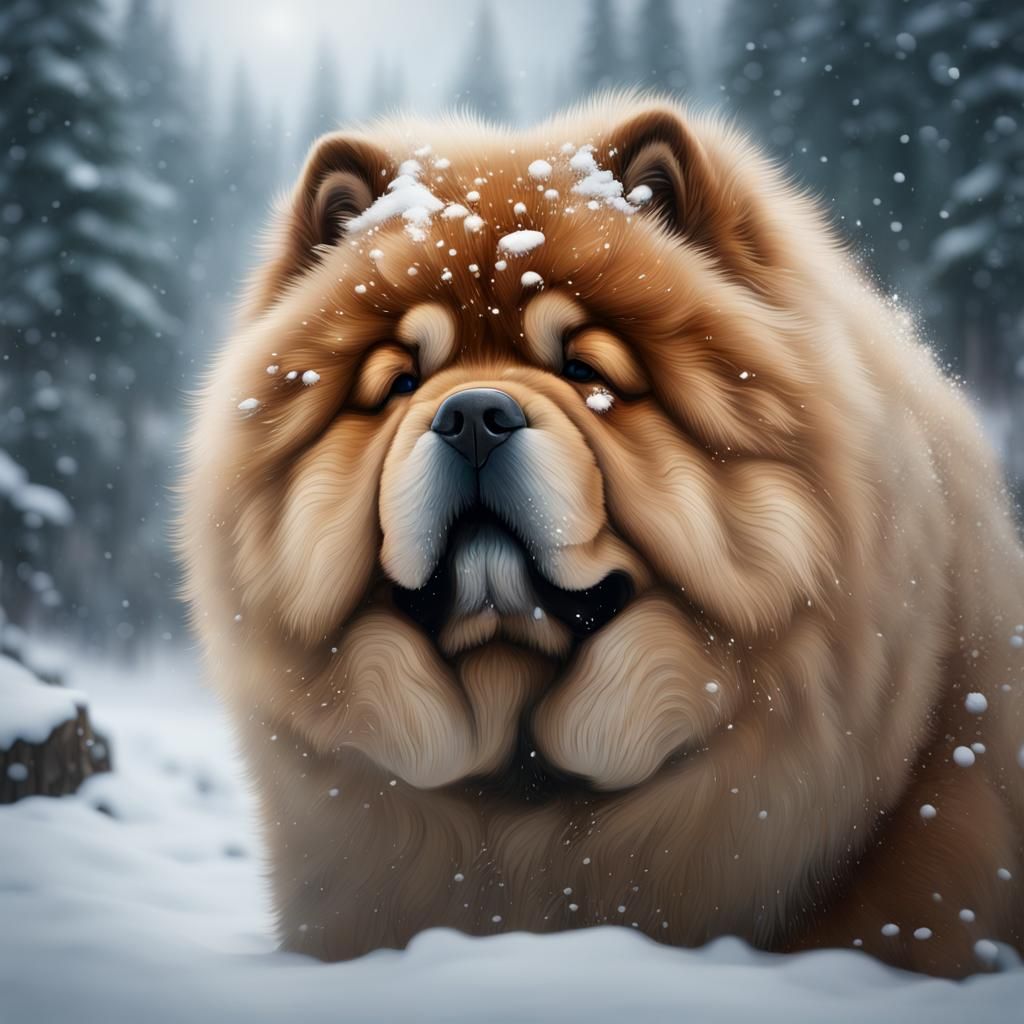 Chow Chow Dog in Snow: Detailed Digital Painting