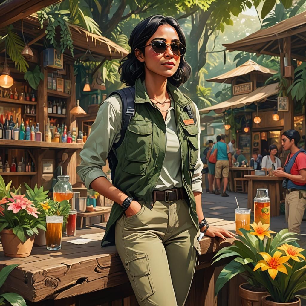 Jungle Marketplace: Woman in Utility Vest, Fantasy Art