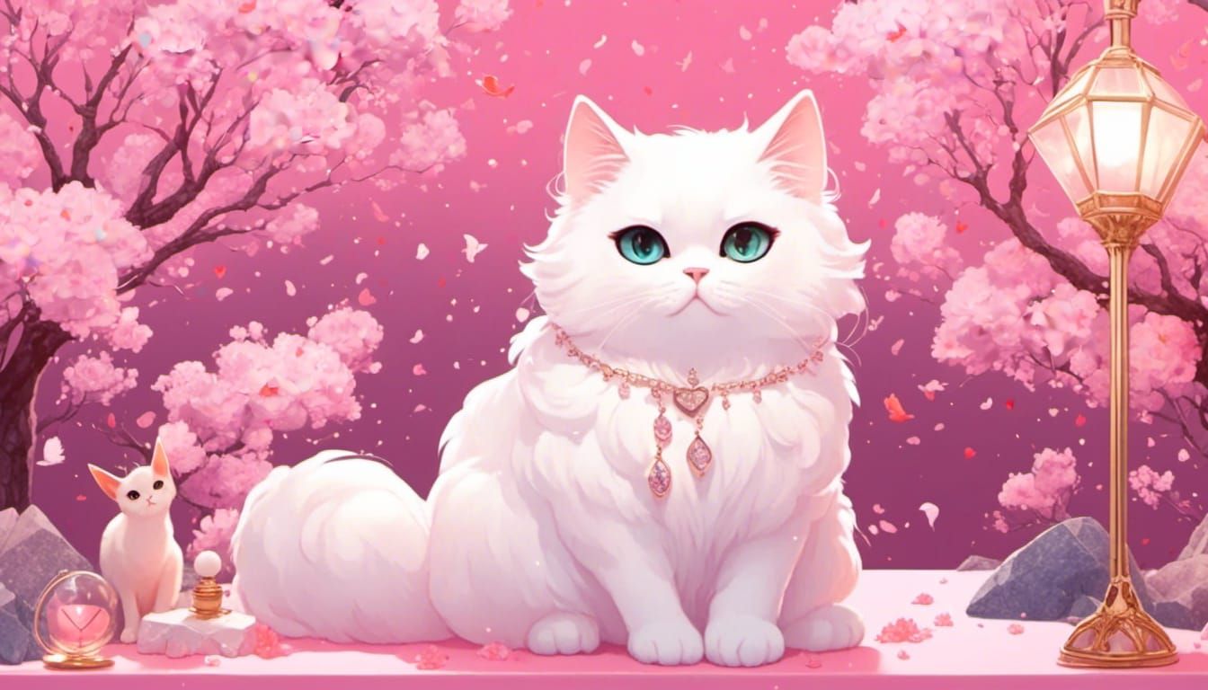 <lora:eye:1.0> cute, fluffy white cats ,chibi cat sitting on pink spring scene, birds diamond lamp heart s