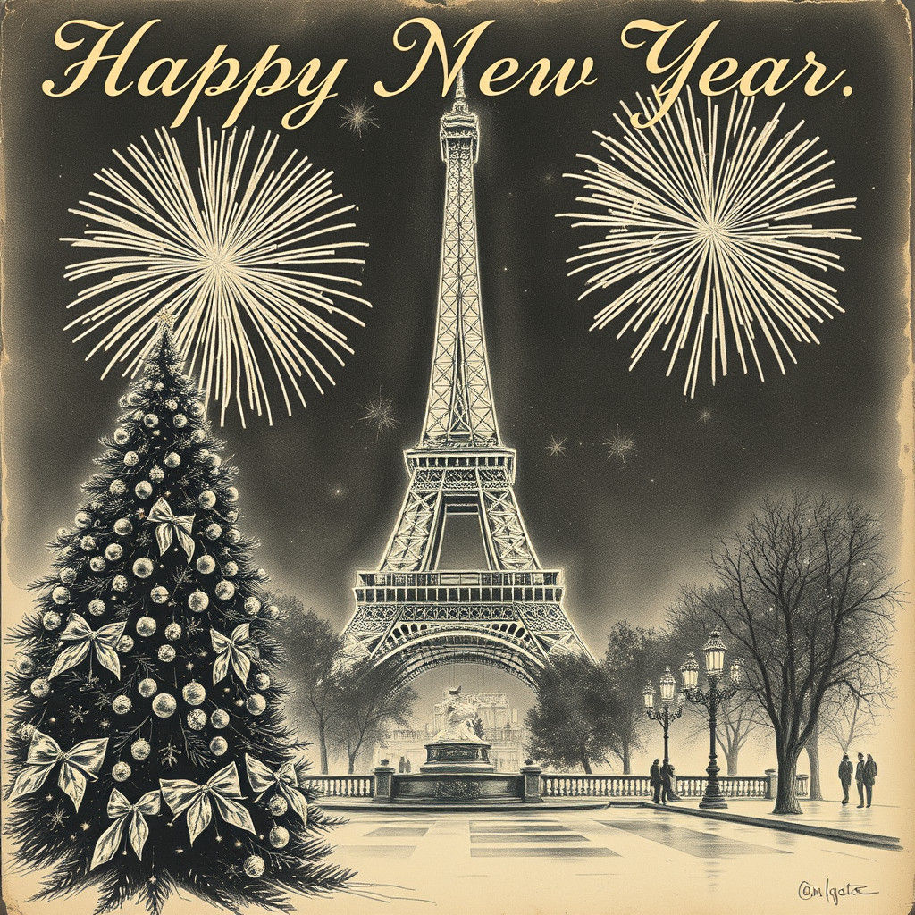 Paris New Year Vintage Postcard in Charcoal Style