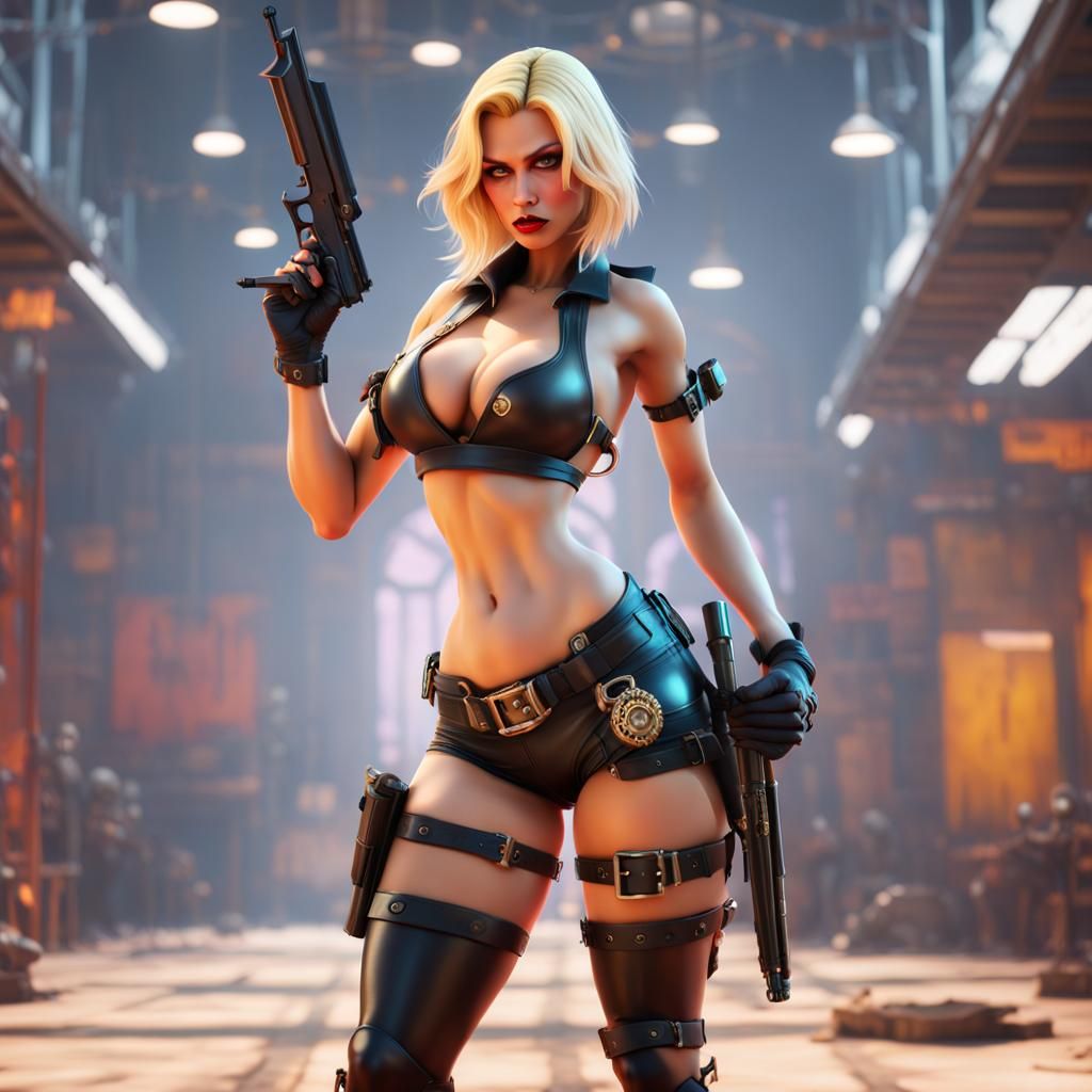 Blonde Soldier with Revolvers in Latex Bikini, 3D Art