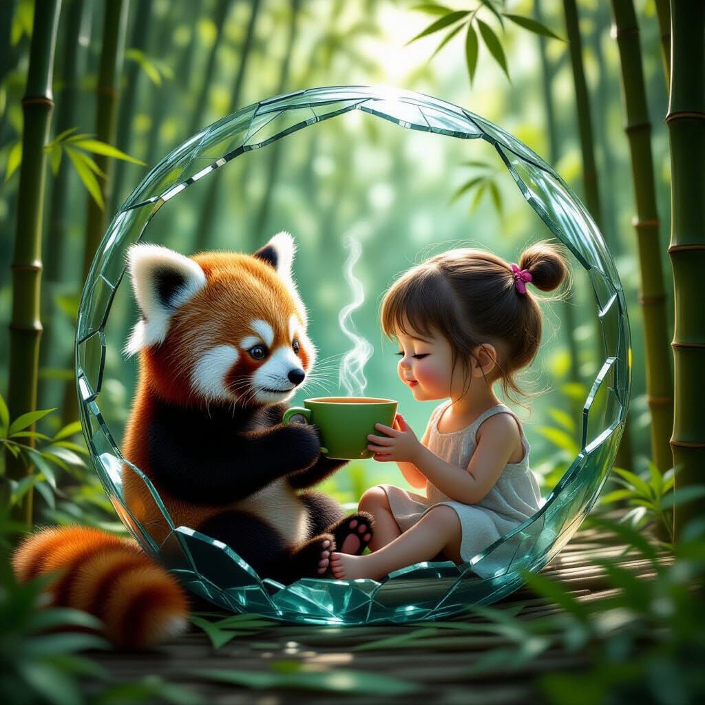 Red Panda Baby & Girl Share Tea in Bamboo Jungle Bubble