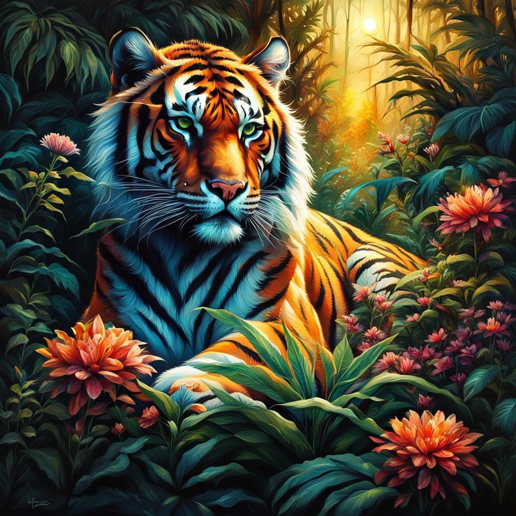A tiger rests among exotic plants and flowers