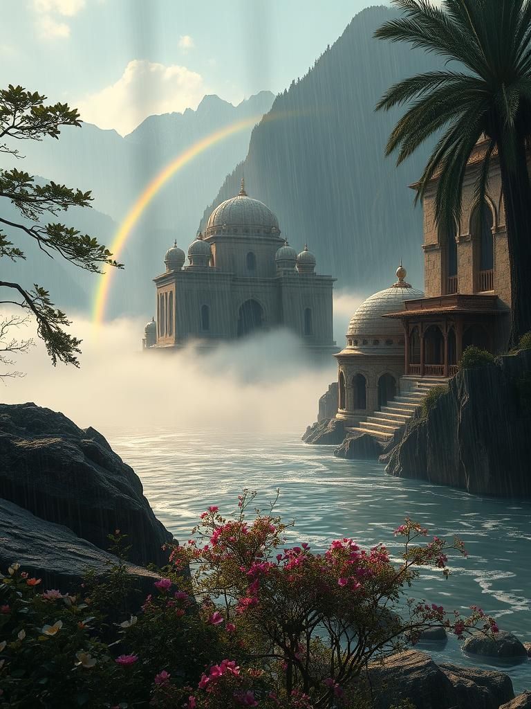 Misty Mountain Lake with Rainbow in Oil Painting Style