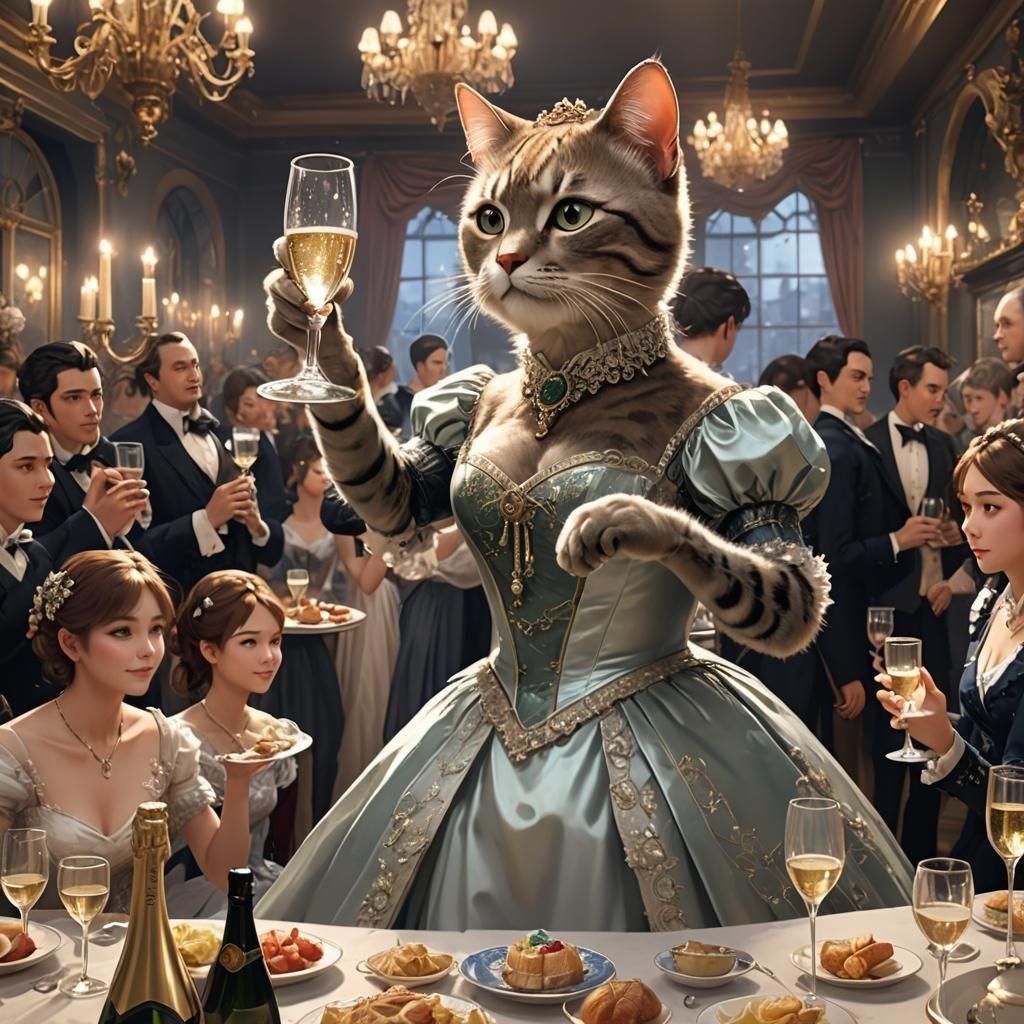 Cat at 1880s Party in 3D Anime Art Style