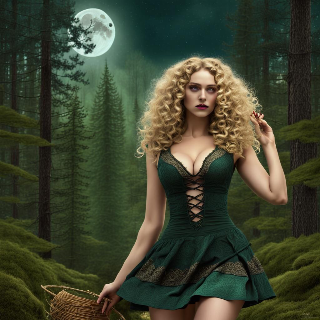 Beltane Spring Equinox Witch in a Moonlit Forest