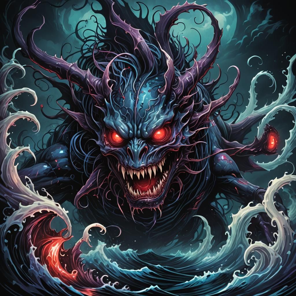 Demonic Creature Emerges from Deep Sea: Dark Fantasy
