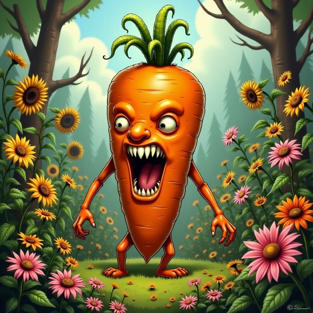 A Menacing, Anthropomorphic Carrot in a Whimsical Garden