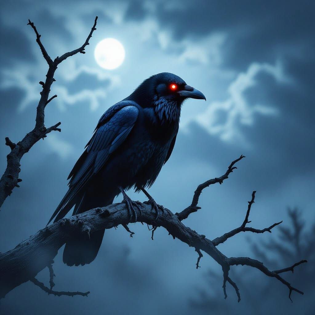 Terrifying Crow with Glowing Red Eyes in Moonlight