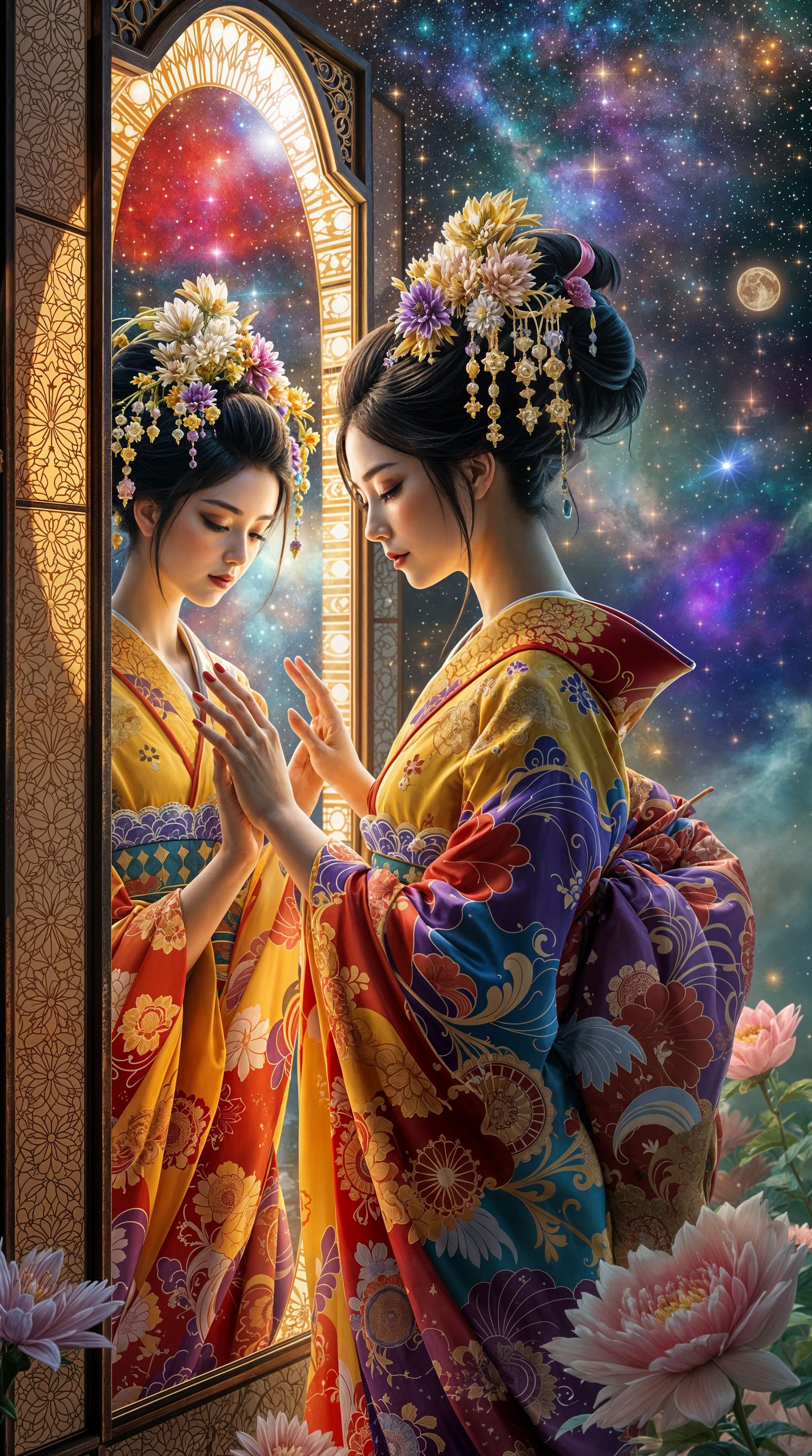 Ethereal Geisha in Kimono Interacting with Mirrored Reflecti...