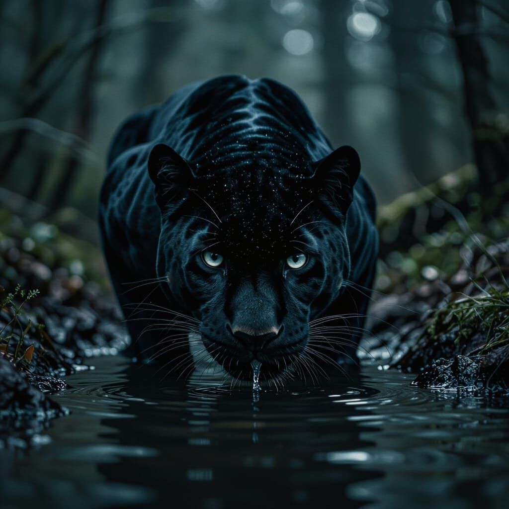 Realistic Black Panther Drinking Water in Dark Forest