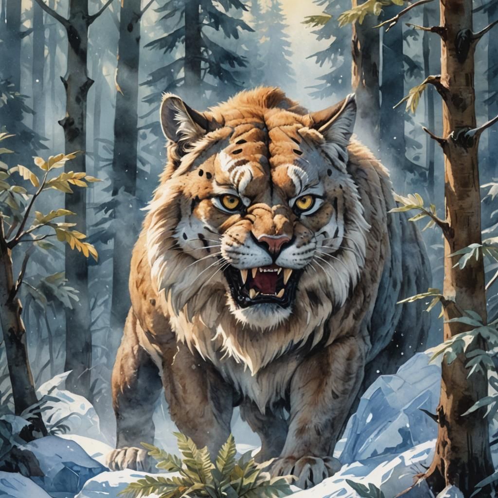 Saber-Toothed Cat in Ice Age Forest, Watercolor Style