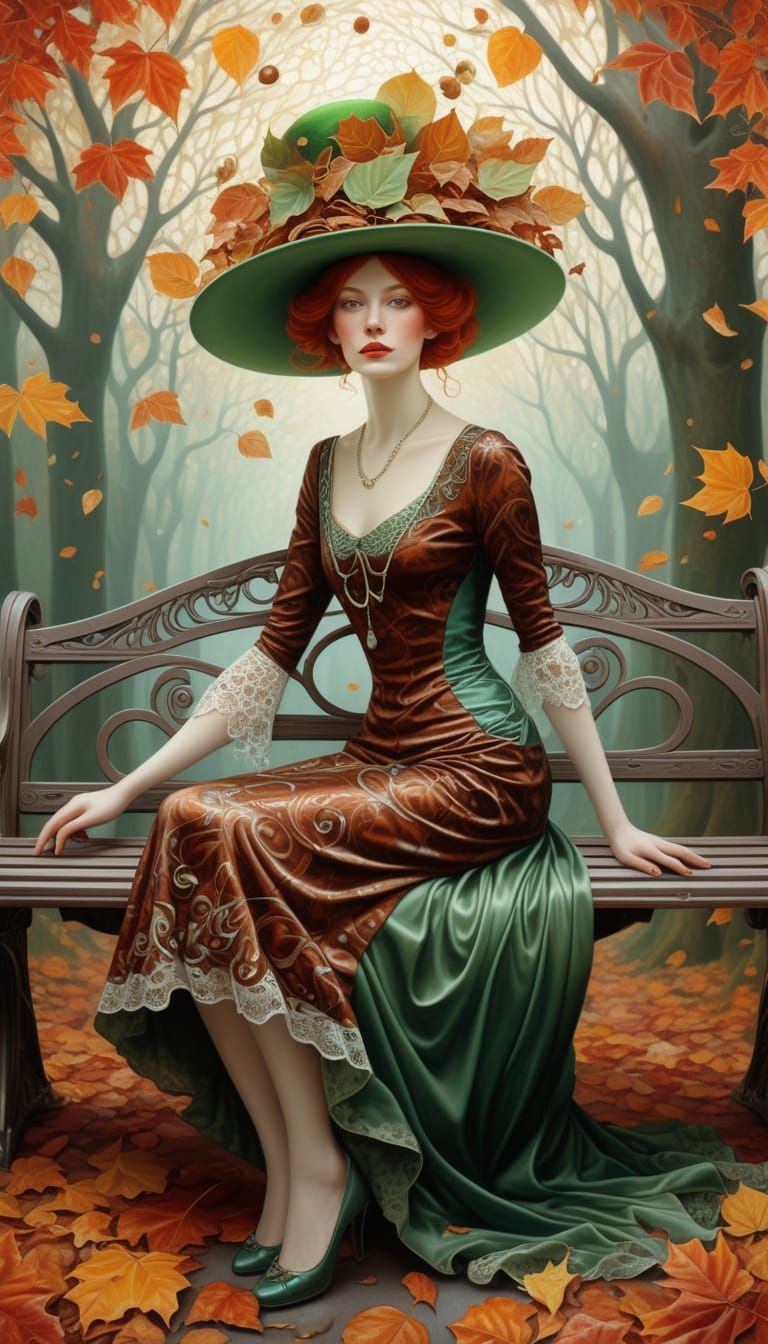 Autumn Woman in Belle Époque Dress with Surreal Hat