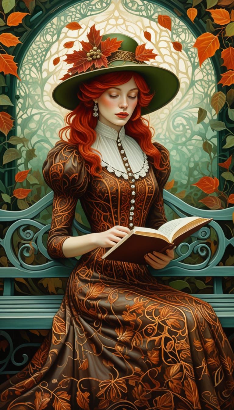 Surreal Woman in Green Hat Reads in Autumn Garden