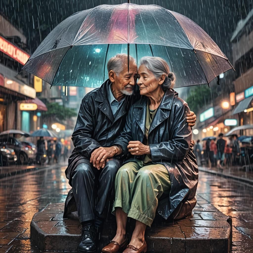 Romantic Couple in Rain, Astral Cosmic Illustration