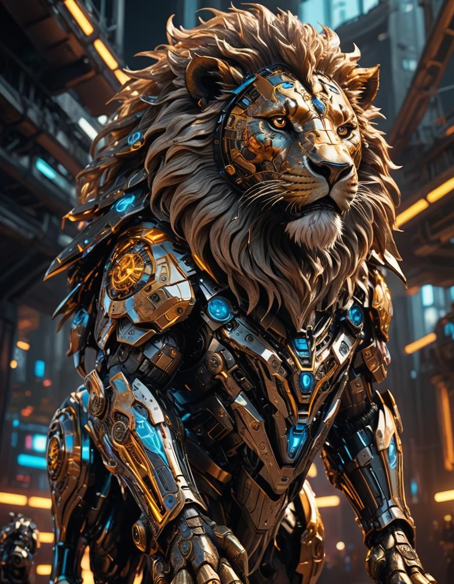 Robotic Lion Wizard in Futuristic Sci-Fi Style