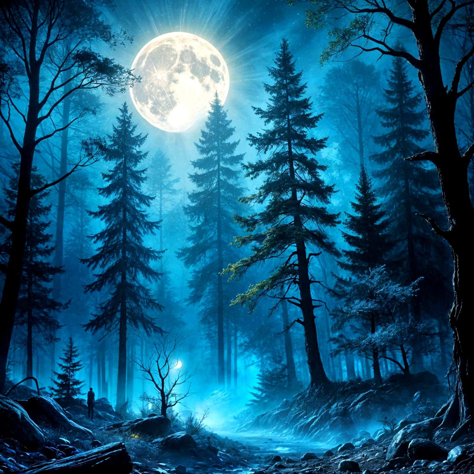 Monochromatic Moonlit Forest in Watercolor Style