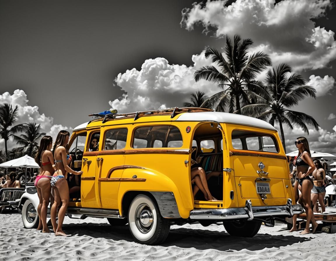 Woodie Surf Wagon on Beach with Bikinis in HDR