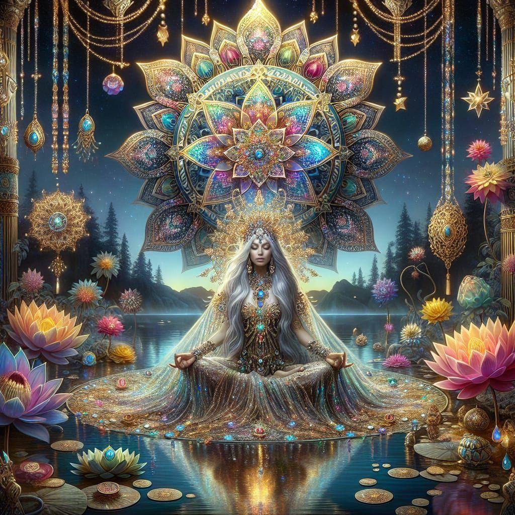 Mystical Woman Meditating Under Lotus Mandala, Fantasy Art