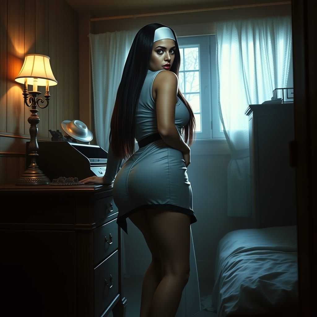 Curvy Nun in Dimly Lit Room as Digital Painting