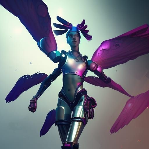 Cyborg Angel with Purple Wings: Hyperdetailed Concept Art