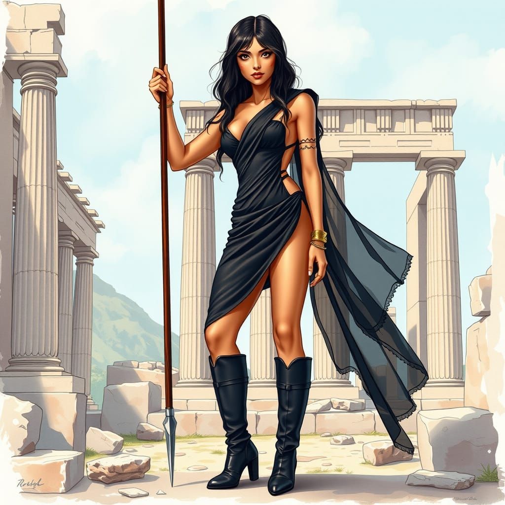 Ethereal Goddess Amid Ancient Ruins in Watercolour Comic Sty...