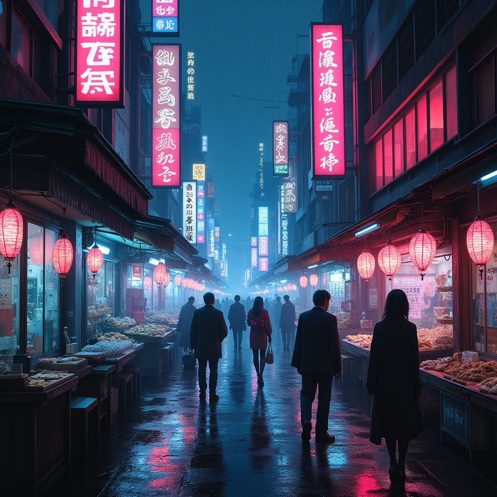 Cyberpunk Metropolis Night Market with Holographic Geishas