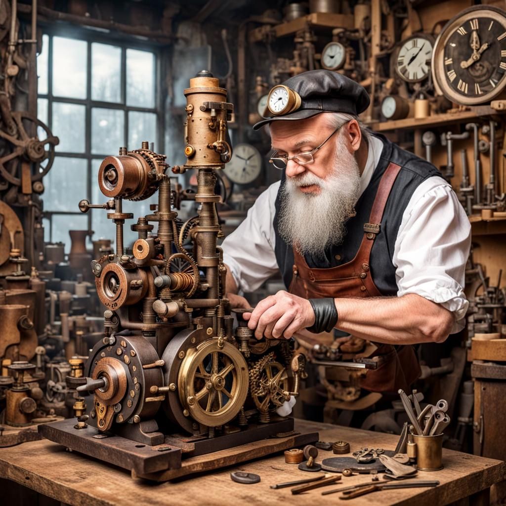 Gnome Clockmaker in Steampunk Workshop