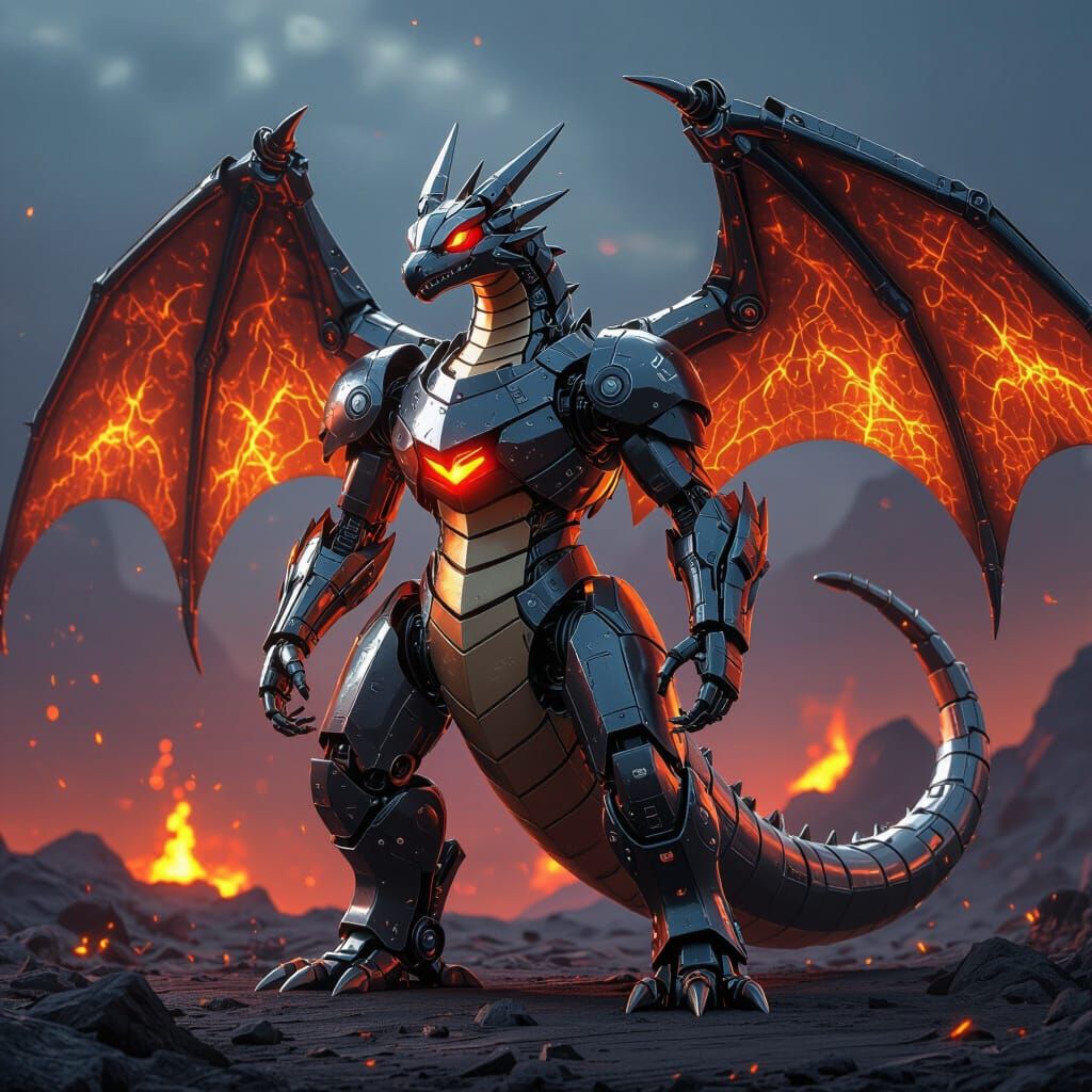 Robotic Charizard in Volcanic Landscape Concept Art