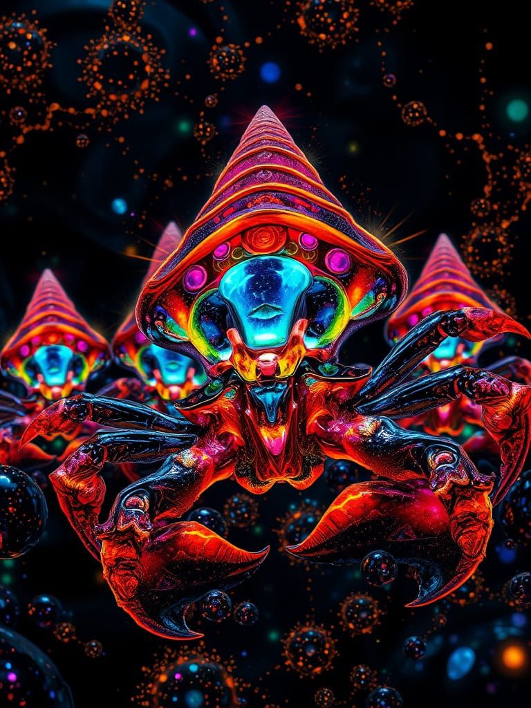 Bioluminescent Gemstone Seashells with Spectral Crabs in Psy...