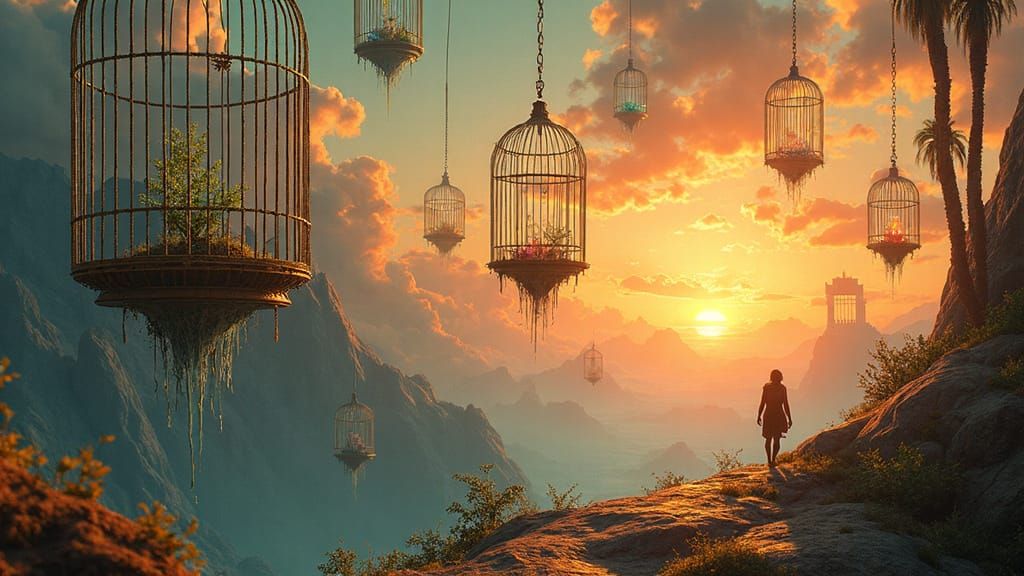 Surreal Landscape with Floating Cages and Warped Gravity